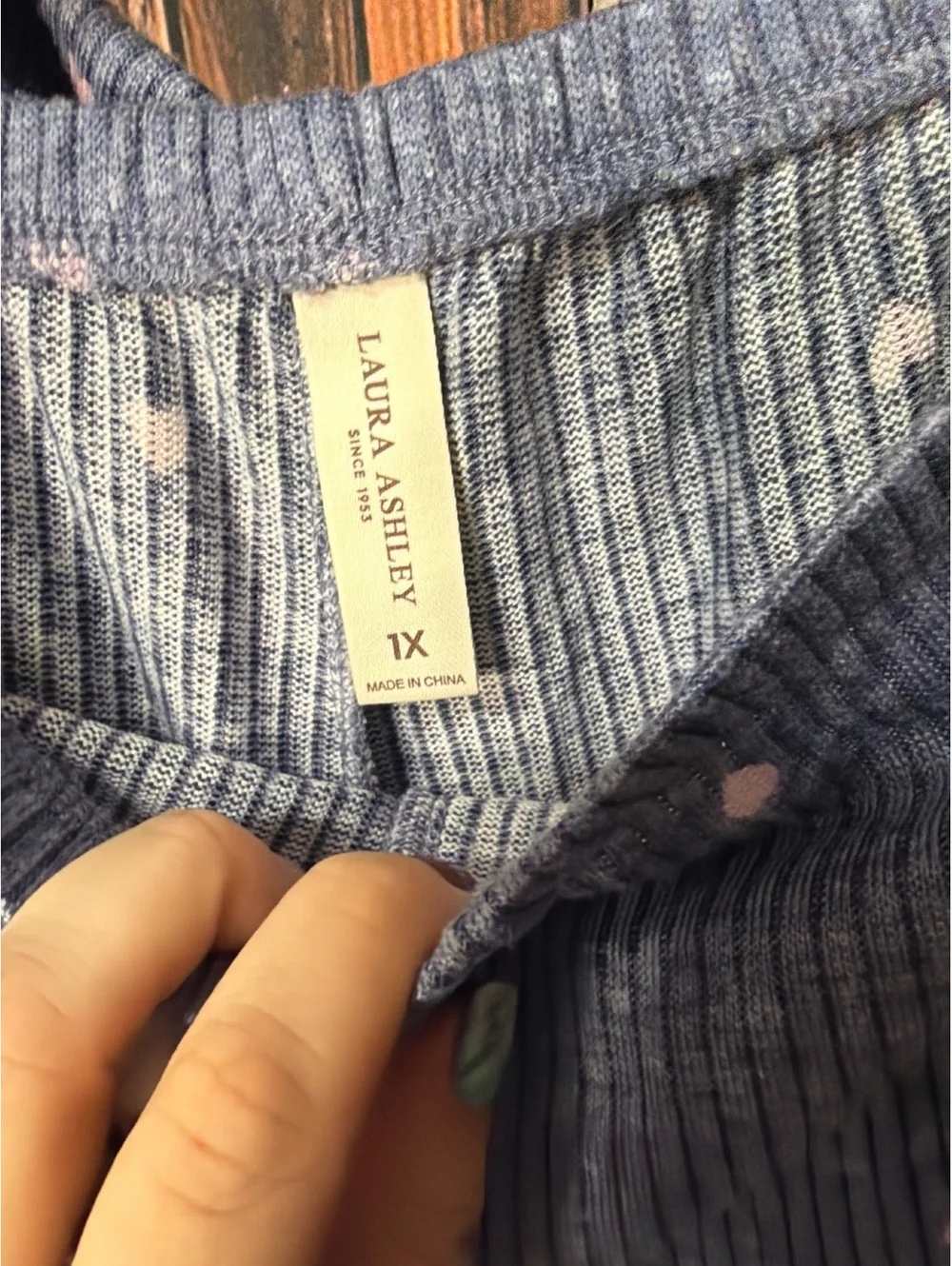 Laura Ashley Blue Ribbed Pajama Set with Pink Hearts, Size 1X